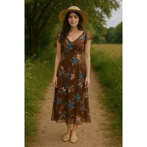 Boho Cottagecore Prairie Farm Brown Floral Flutter Sleeve V Neck‎ Midi 14 Dress